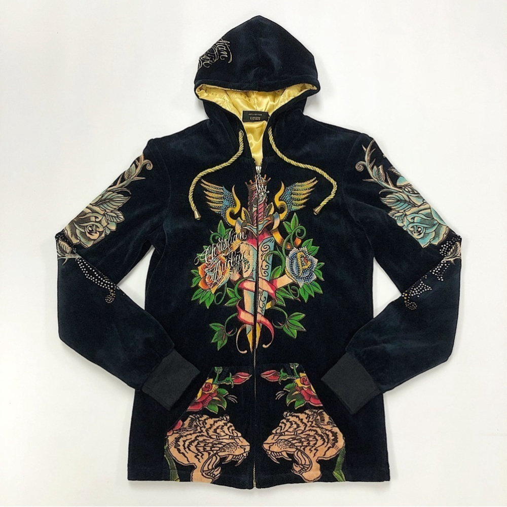 Christian Audigier Black Velvet Zip Hoodie with Multicolor Embroidery
